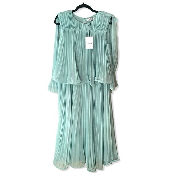 AMUR Arlette Dress in Soft Sage pleated midi sheer trapeze swing Revolve $598 6 - Picture 8 of 16
